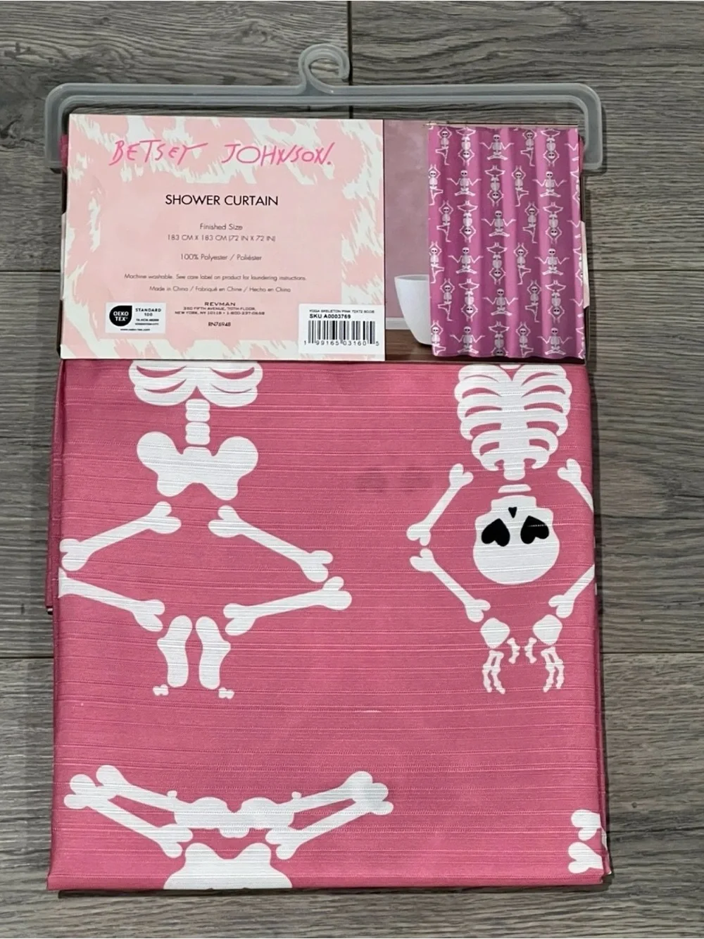 BETSEY JOHNSON Pink Yoga Skeleton Fabric Shower Curtain 72x72 Skull Halloween